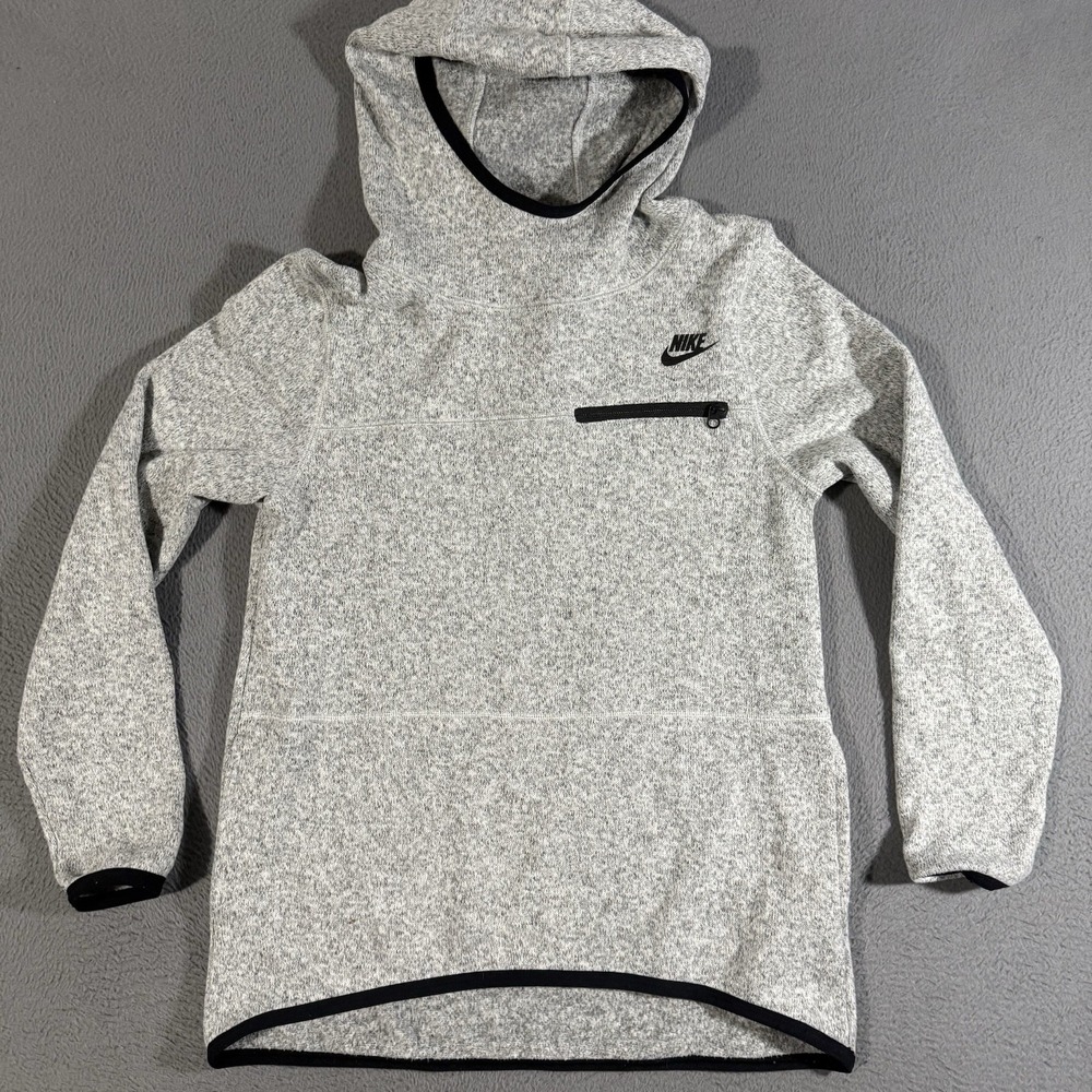 NIKE Hoodie Womens Small Gray Heather Fleece Pullover Chest Zip‎ Pocket Drop Hem
